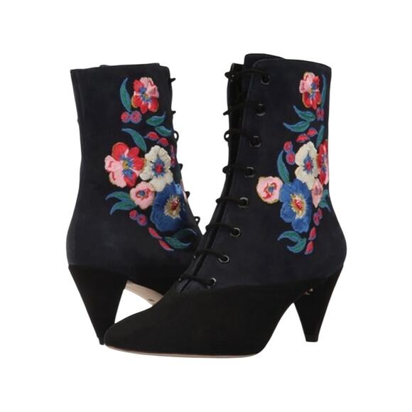 Tory Burch Cassidy Suede Lace Up Embroidered Black Floral Boot Booties Size 8 - Picture 2 of 11